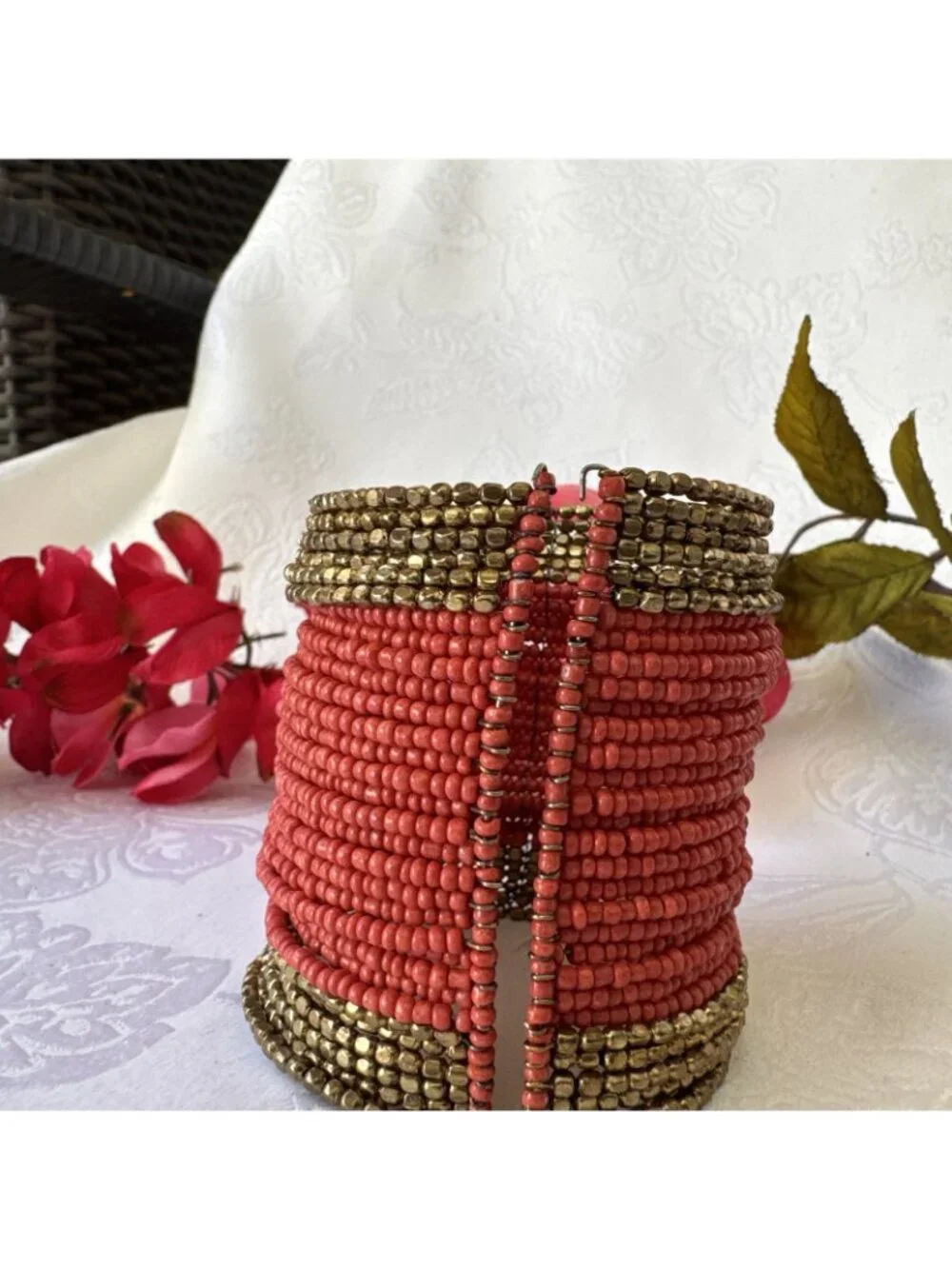 Chico's Bracelet Orange Seed Bead Goldtone Wide Cuff Bangle 3
